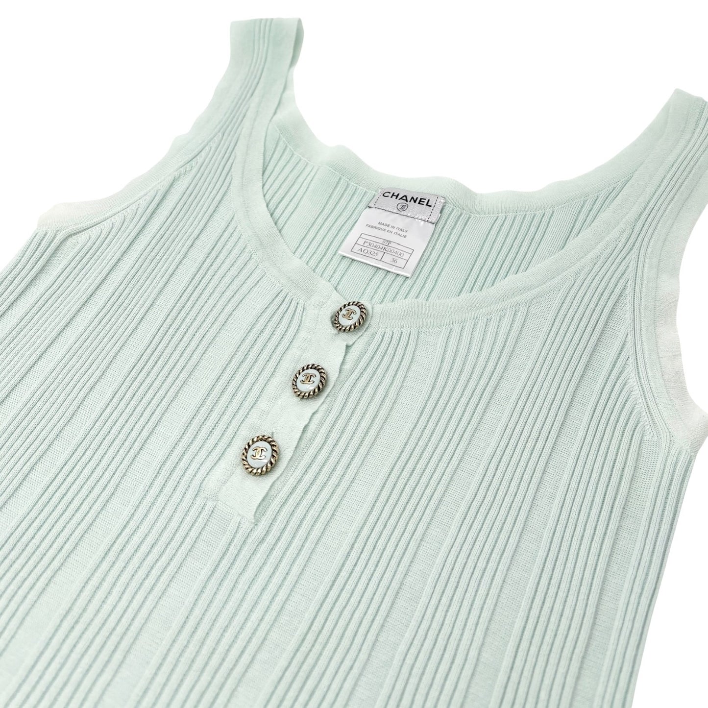 CHANEL Vintage 07P CC Logo Ribbed Tank Top #36 Sleeveless Button Mint Green