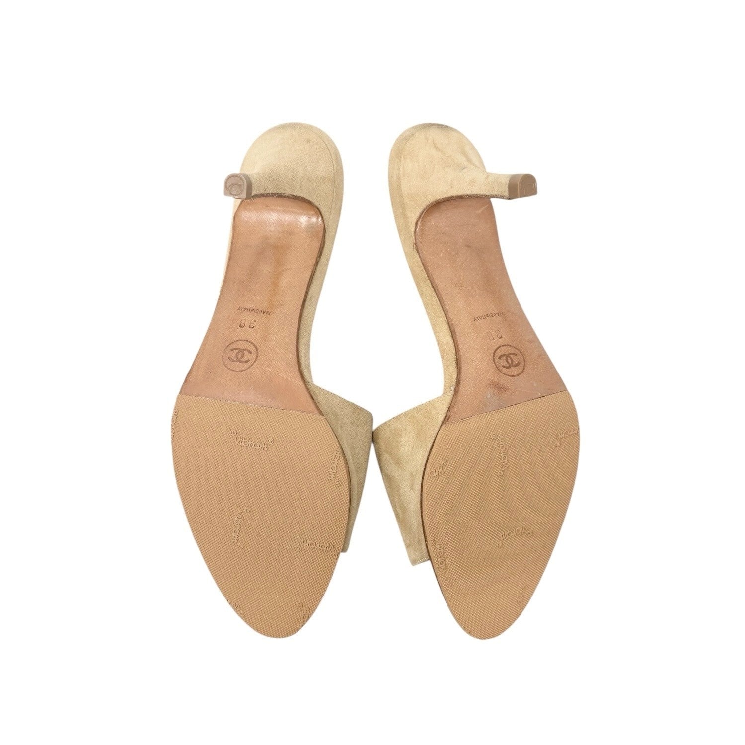 CHANEL Vintage CC Mark Logo Heels Mules #38 Sandals Beige Suede Leather