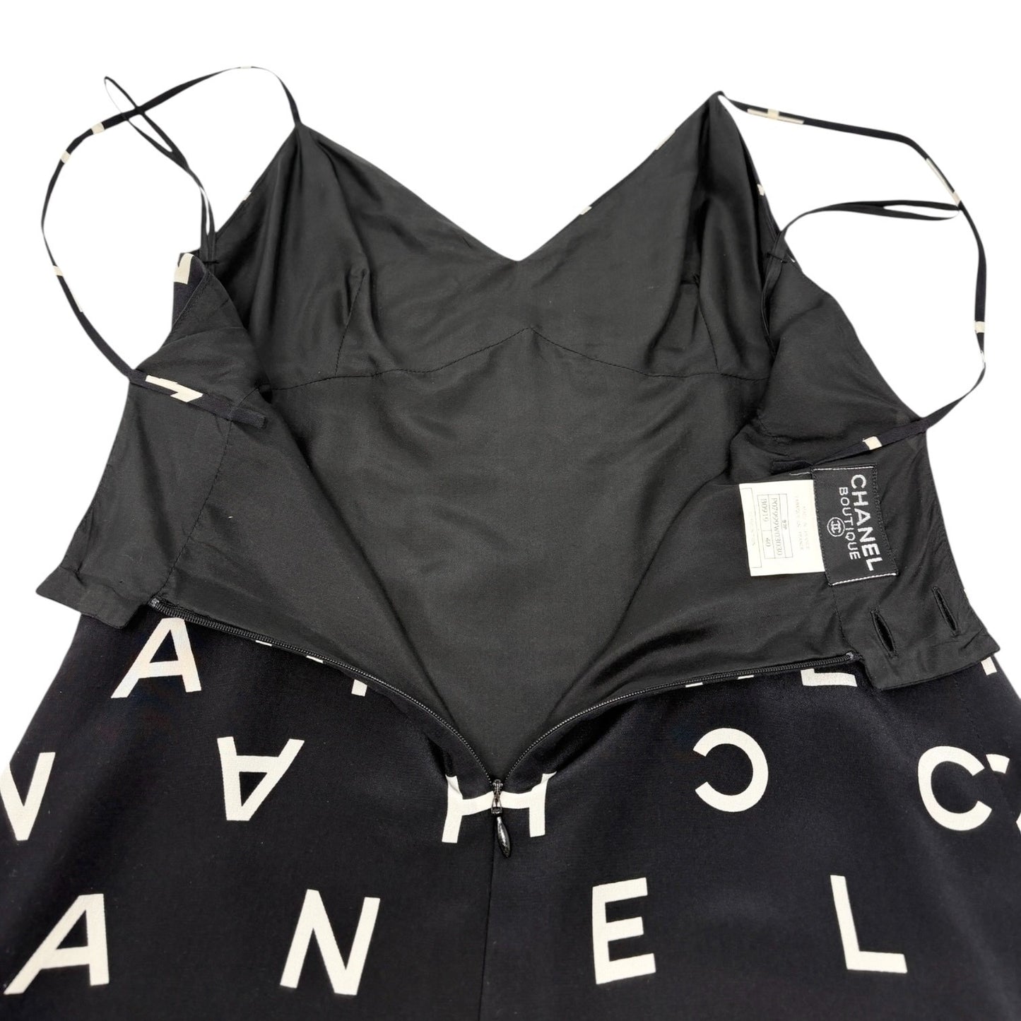 CHANEL Vintage 97P CC Logo Print Silk Camisole Slip Dress #40 Black White
