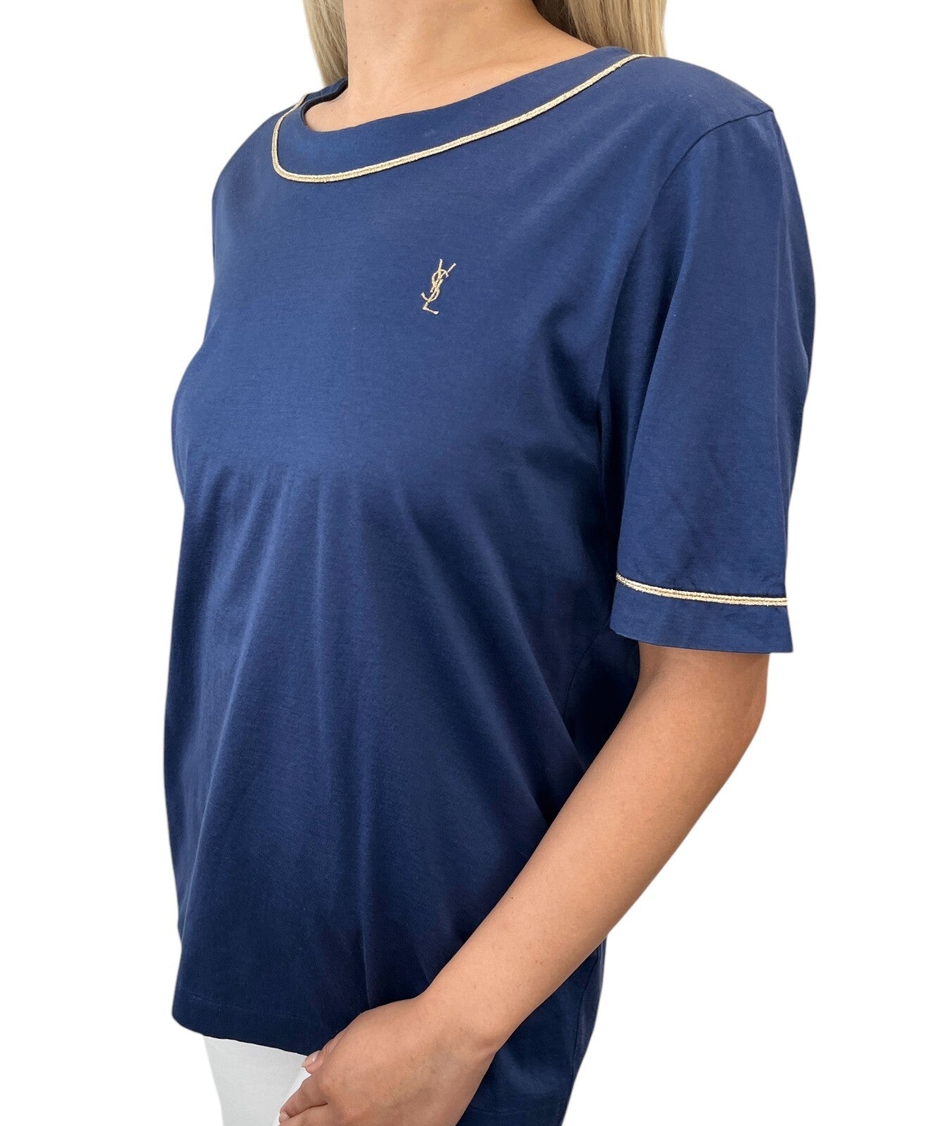 Yves Saint Laurent Vintage YSL Logo Top #M Pullover Dark Blue Gold Glitter