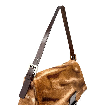 FENDI Vintage FF Logo Mamma Baguette Pony Calf Hair Shoulder Bag Brown 902915