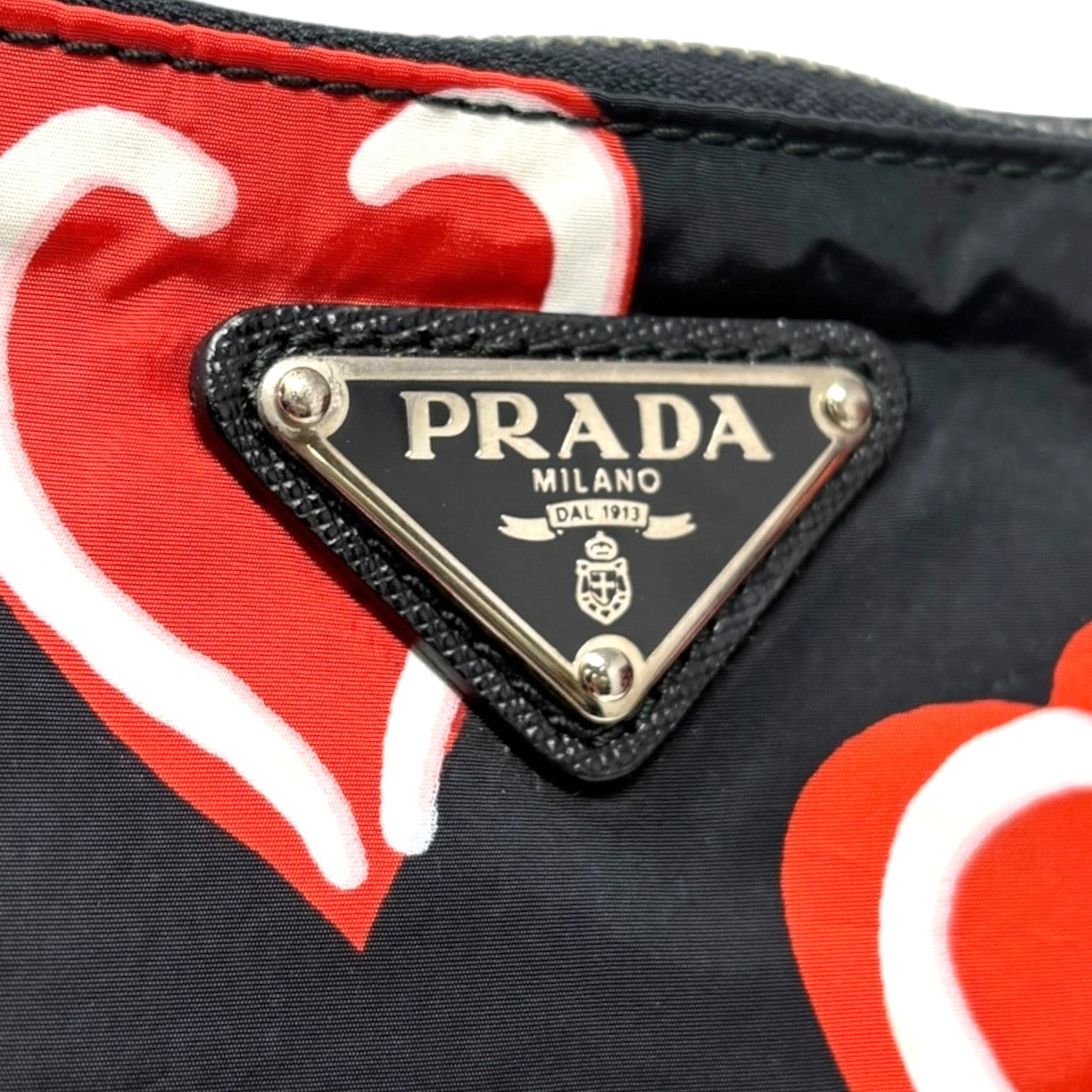 PRADA Vintage Logo Heart Pattern Print Tote Bag Handbag Pouch Black Red Nylon