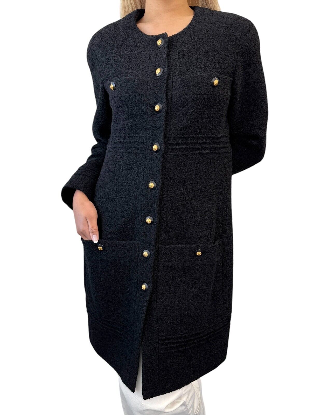 CHANEL Vintage CC Logo Long Tweed Jacket #M Coat Black Gold Wool Silk Button