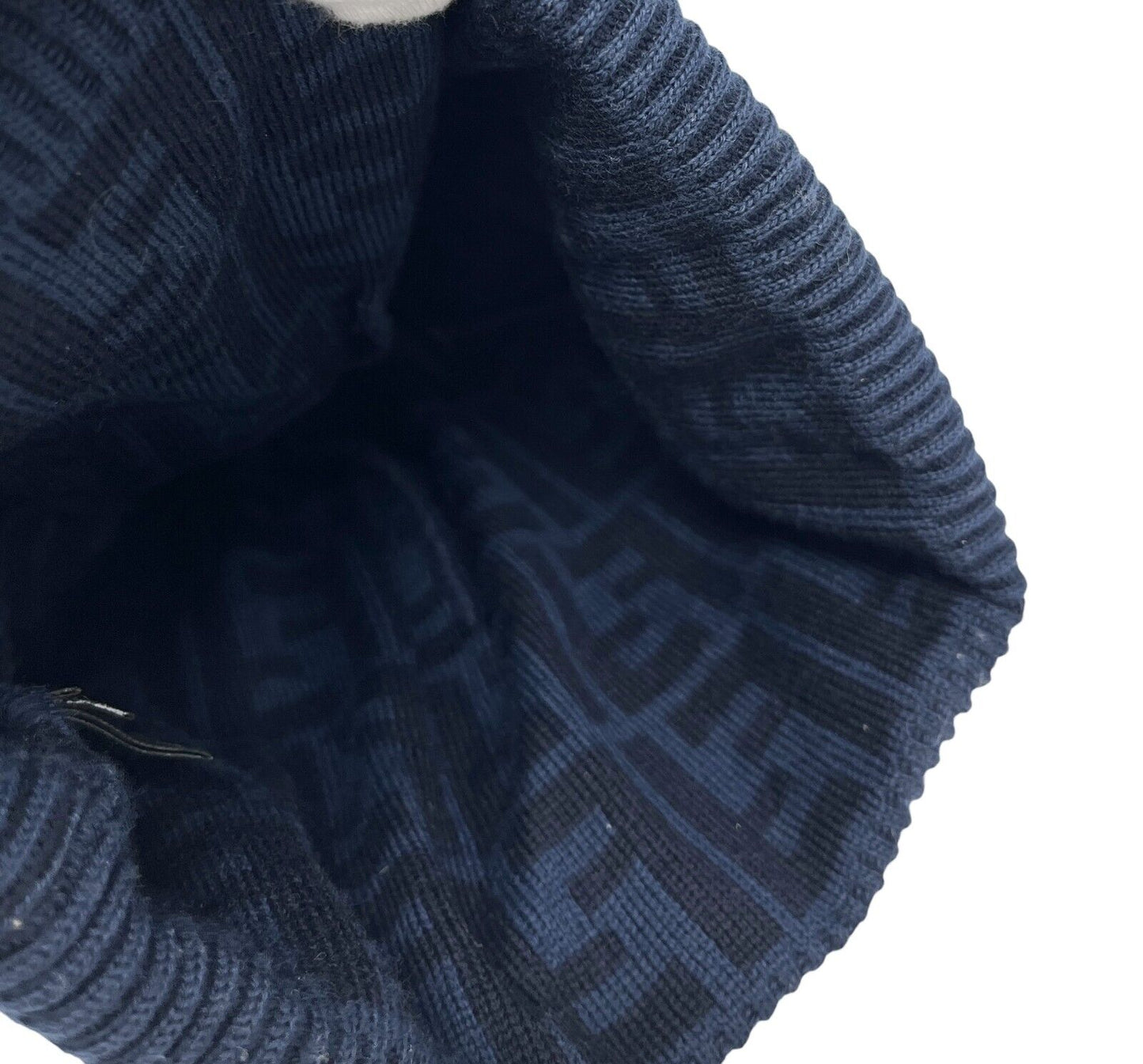 FENDI Vintage Zucca Monogram Logo Beanie Hat Knit Dark Blue Black Wool