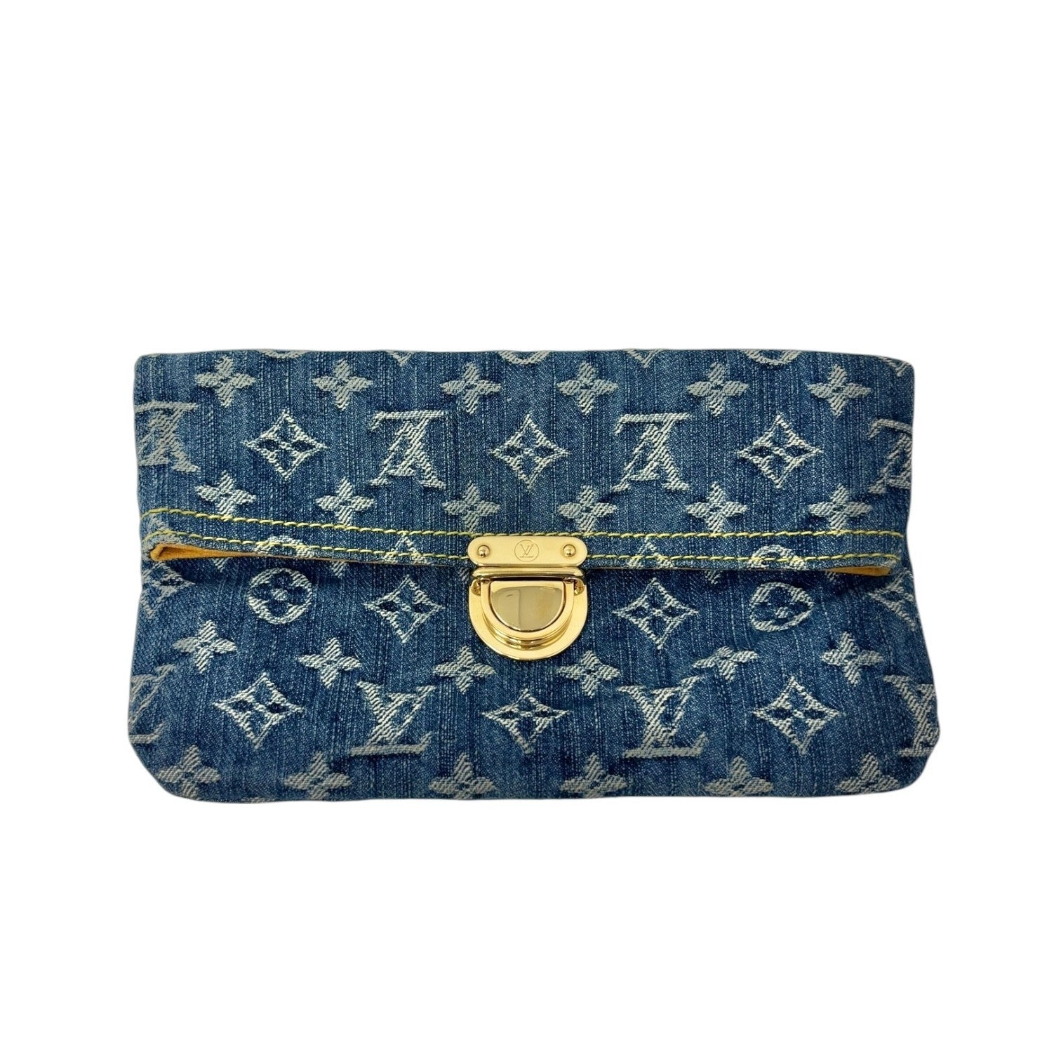 LOUIS VUITTON Vintage Monogram Denim Pochette Plat Clutch Bag Blue Gold