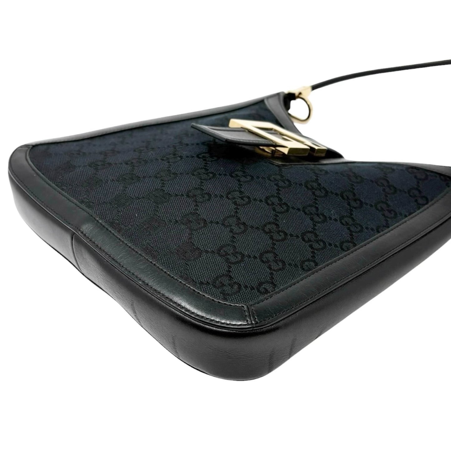 GUCCI Vintage G Square GG Monogram Shoulder Bag Magnetic Black Gold Leather