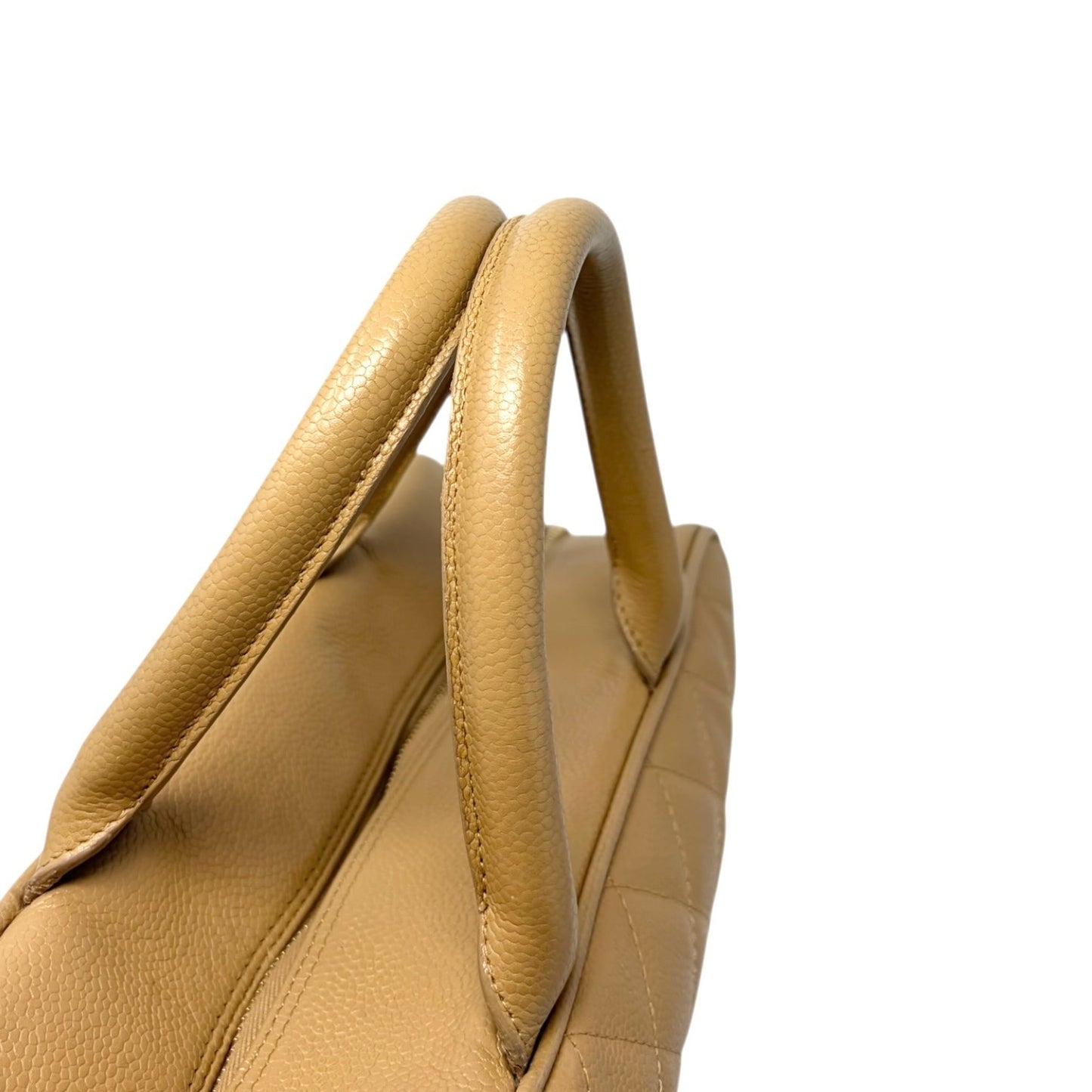 CHANEL Vintage Big CC Logo Quilted Leather Boston Bowling Bag Beige Gold Stitch