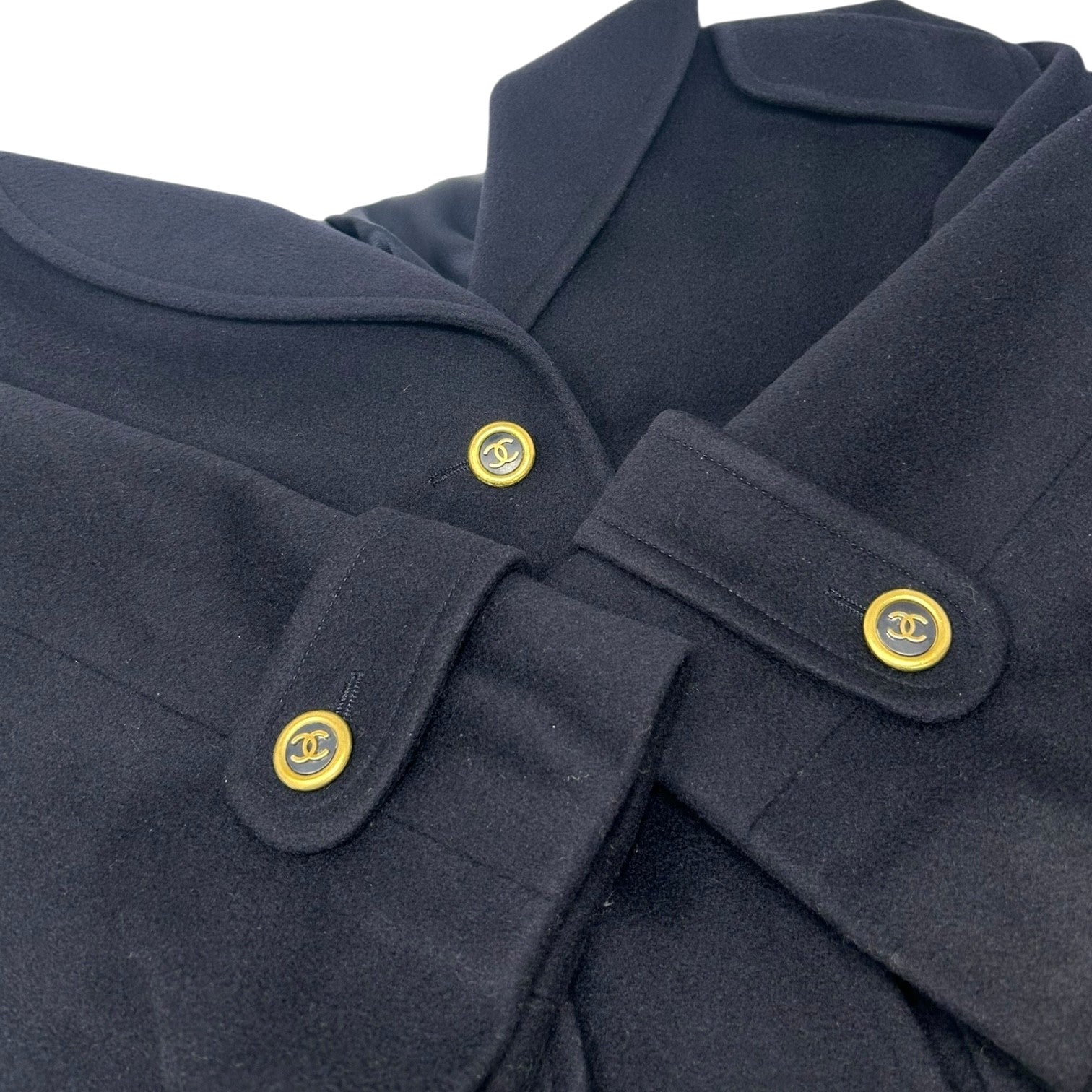 CHANEL Vintage 94A CC Logo Long Coat Button Jacket #40 Dark Blue Gold Cashmere