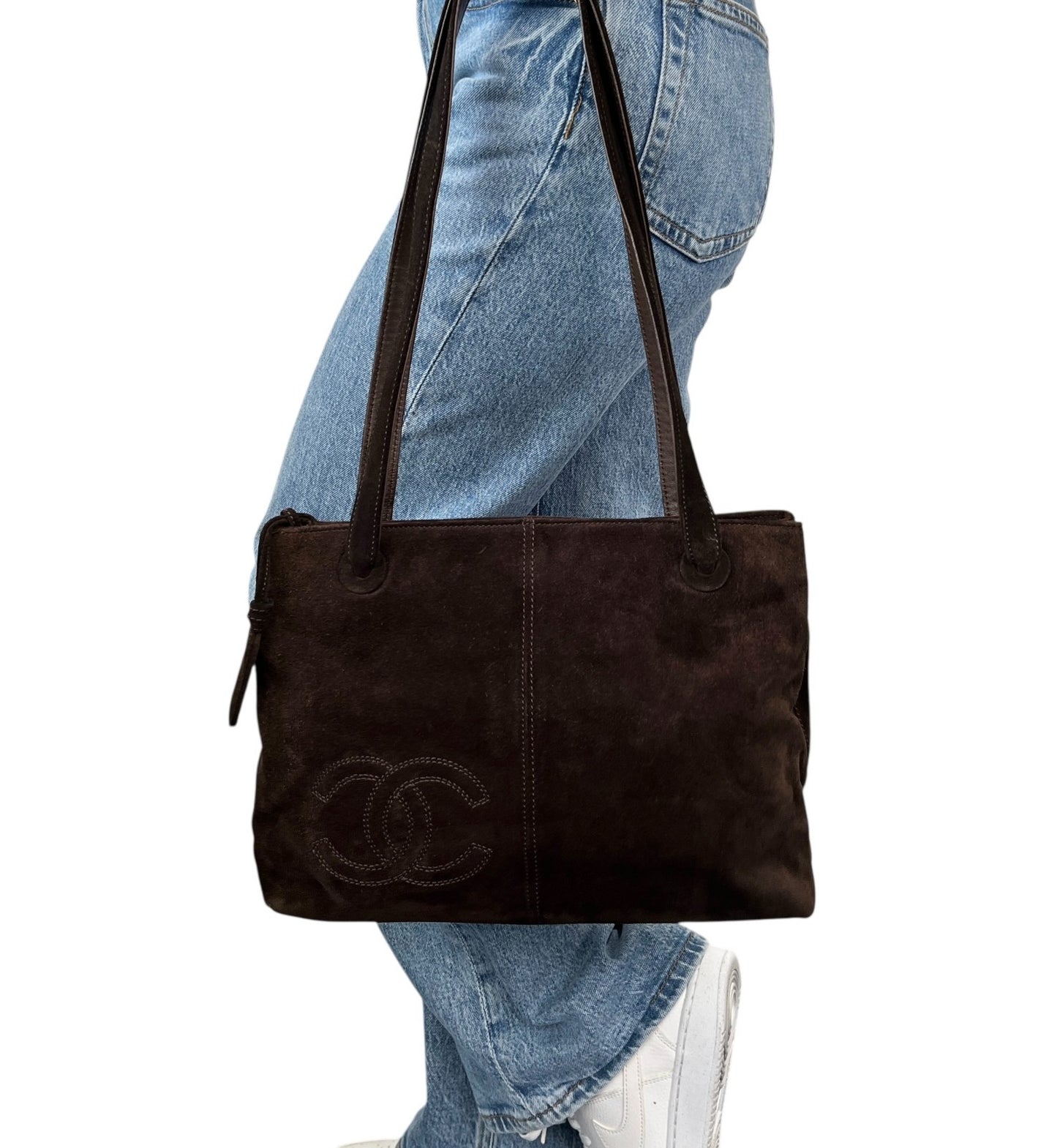 CHANEL Vintage Embroidered CC Logo Suede Tote Shoulder Bag Dark Brown Stitch