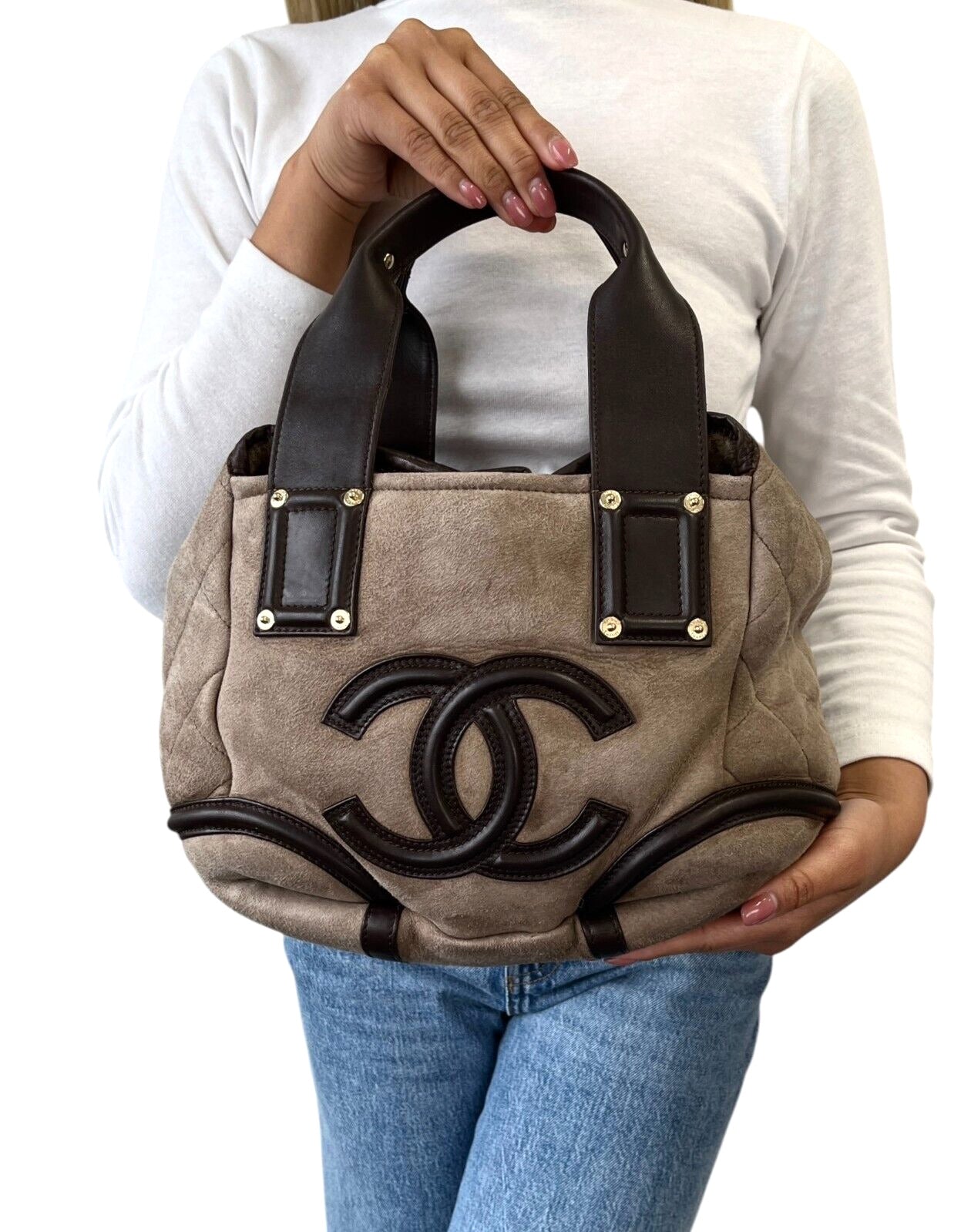 CHANEL Vintage CC Logo Tote Bag Matelasse Snap Button Brown Gold Suede Leather