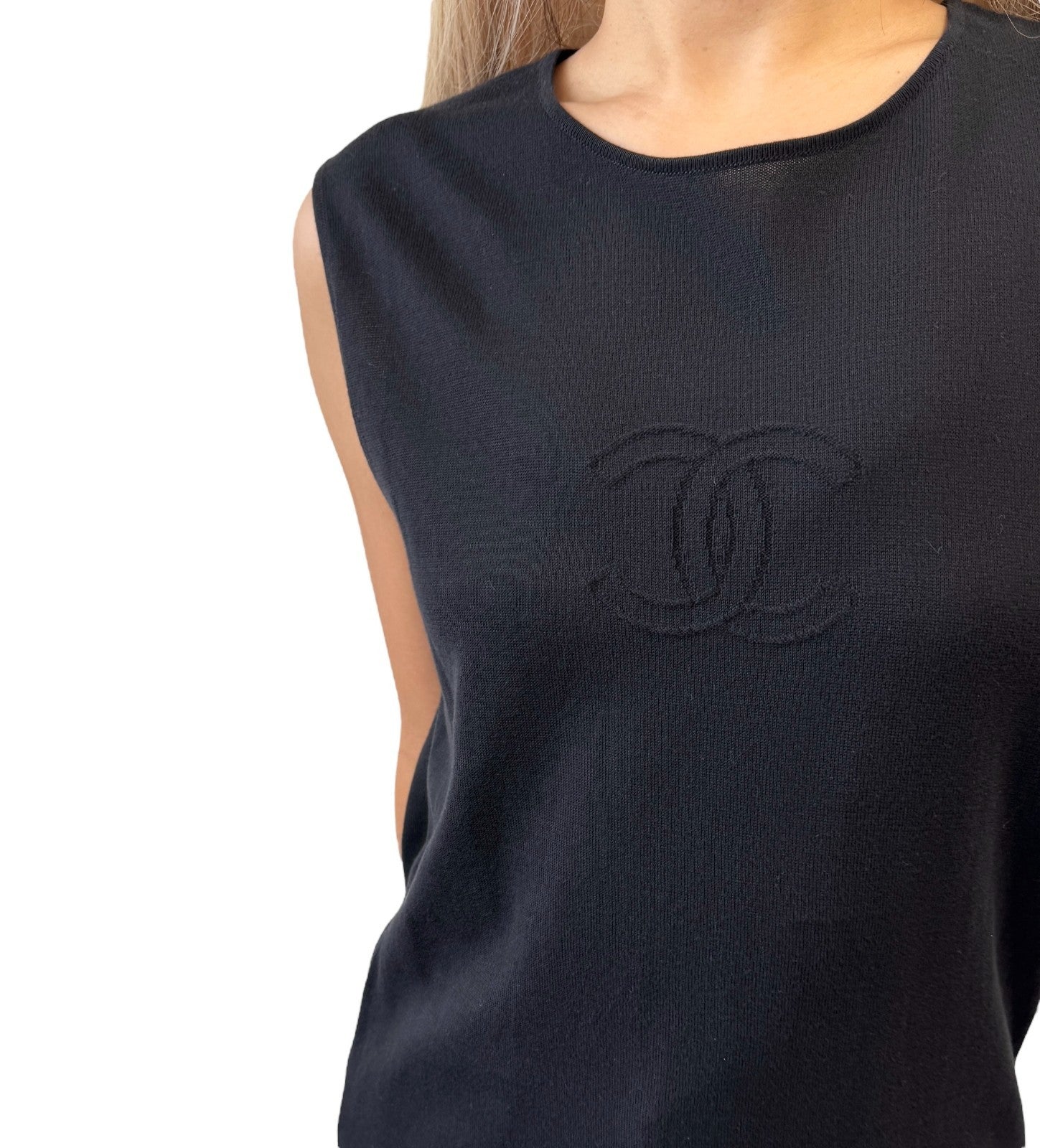 CHANEL Vintage 05C CC Logo T-shirt Knit Tank Top #42 Black Cotton Stitch
