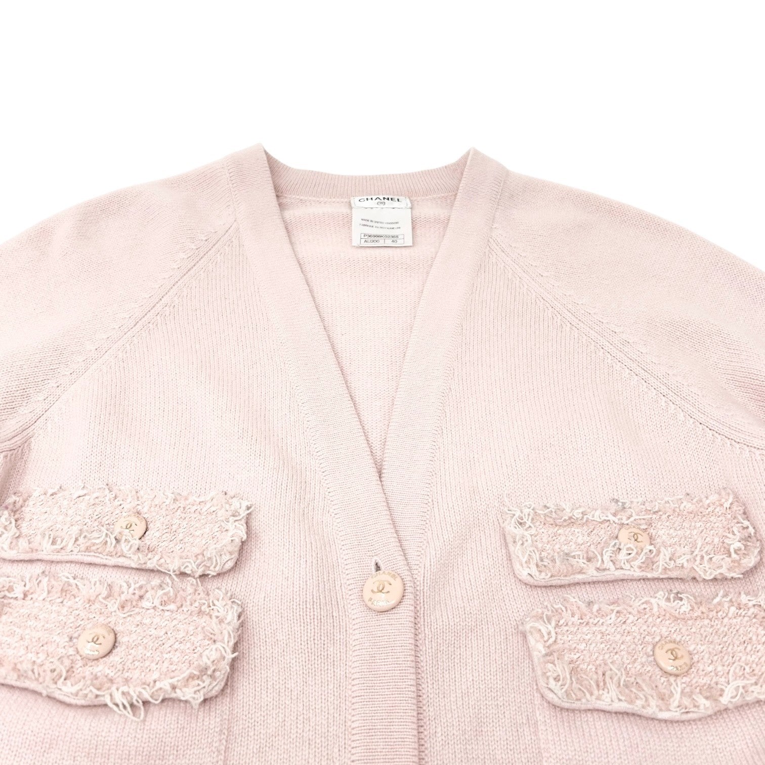 CHANEL Vintage 09A Logo Long Cardigan Top Sweater ＃40 Pink Cashmere Knit Tweed