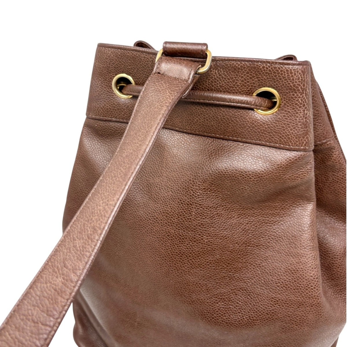 CHANEL Vintage CC Logo Drawstring Backpack Bag Brown Gold Leather 902312