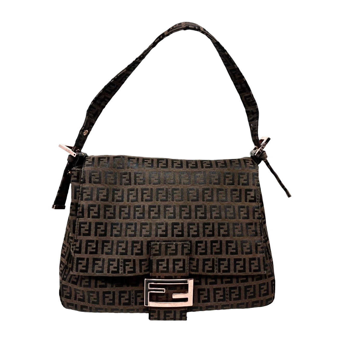 FENDI Vintage FF Logo Zucchino Mamma Baguette Shoulder Bag Brown 901885