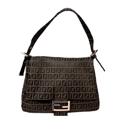 FENDI Vintage FF Logo Zucchino Mamma Baguette Shoulder Bag Brown 901885