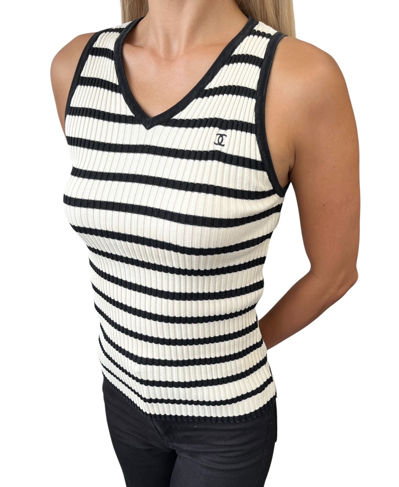 CHANEL Vintage 98P CC Mark Logo Striped Knit Tank Top #38 Cream Black Cotton