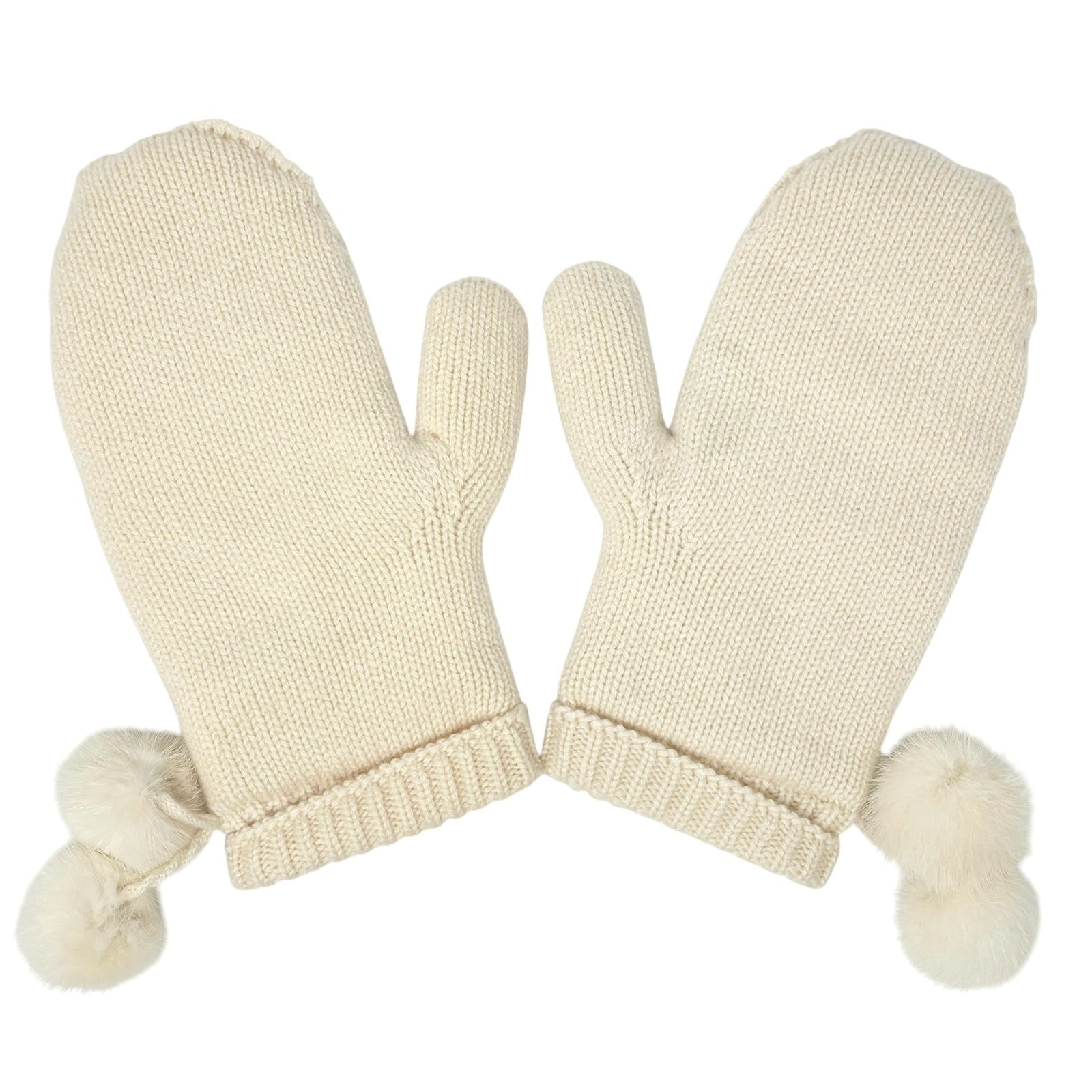 LOUIS VUITTON Vintage LV Logo Knit Gloves Mink Pompons Cream Cashmere