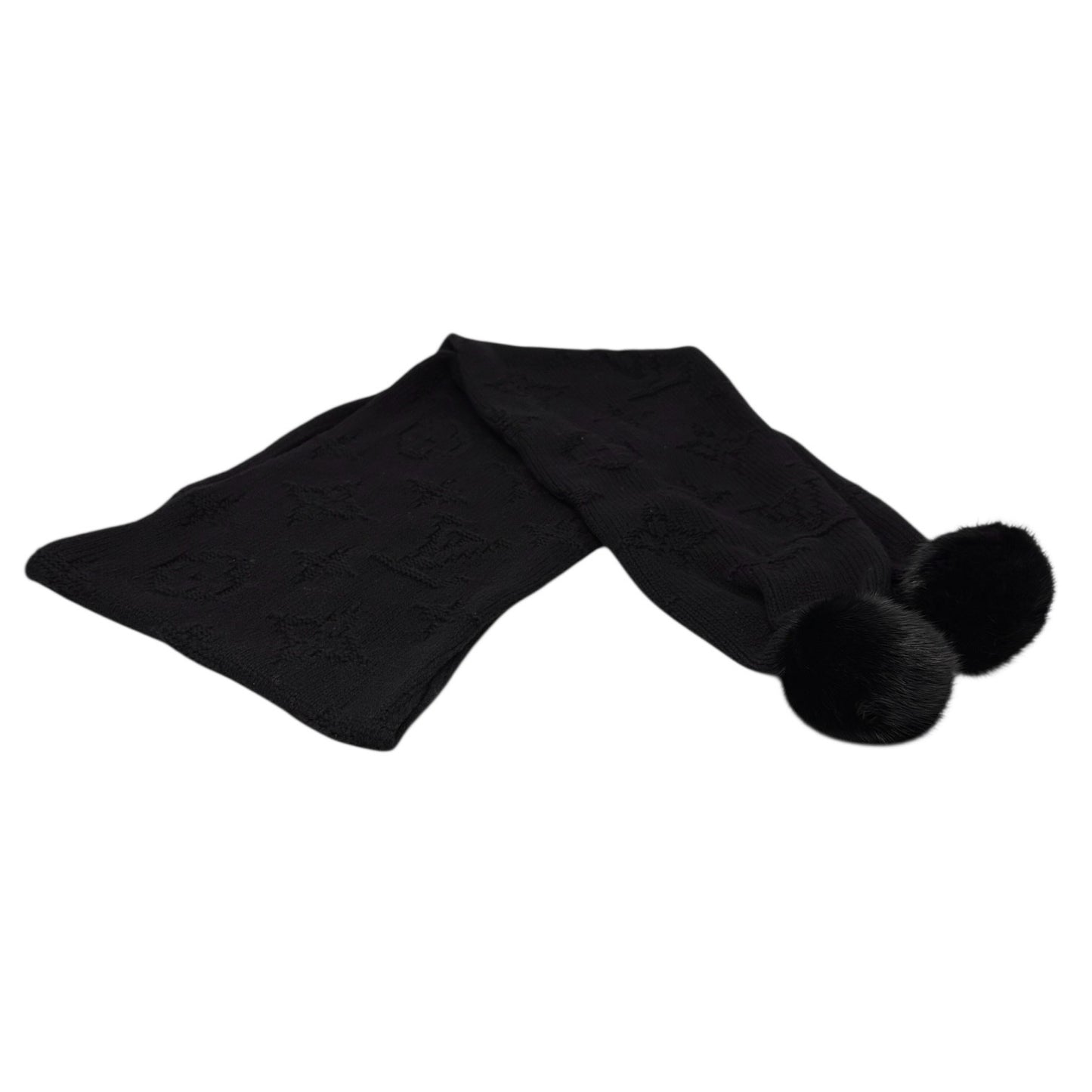 LOUIS VUITTON Vintage Monogram Escharpe Fur Scarf Shawl Black Cashmere Logo