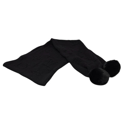 LOUIS VUITTON Vintage Monogram Escharpe Fur Scarf Shawl Black Cashmere Logo