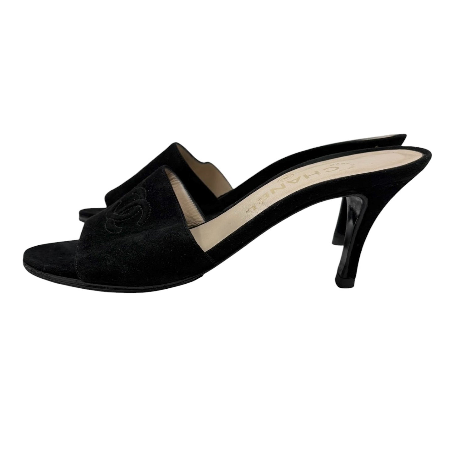 CHANEL Vintage CC Logo Suede Mule Sandals Heels #36 Black Beige 901813