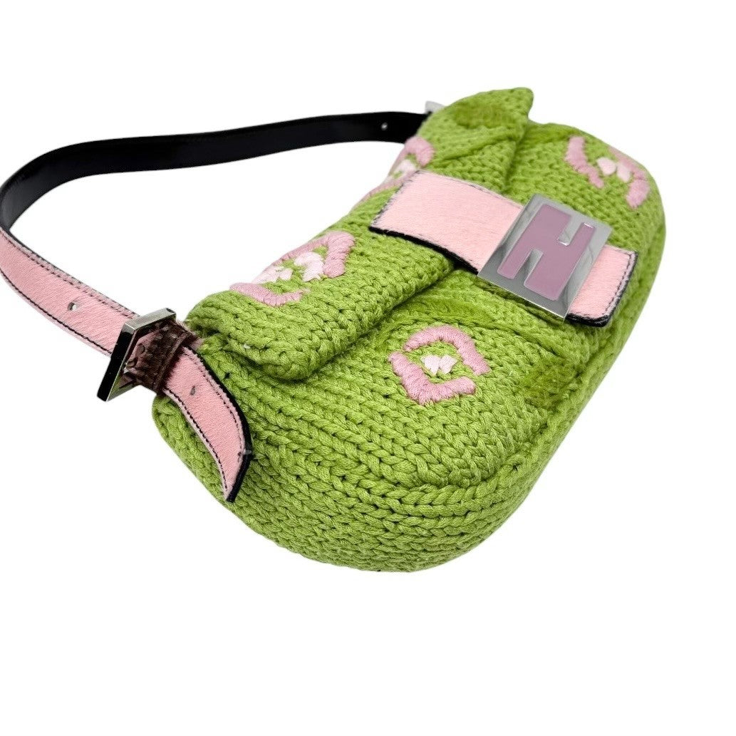 FENDI Vintage FF Mamma Baguette Crochet Shoulder Bag Flower Green Pink Wool