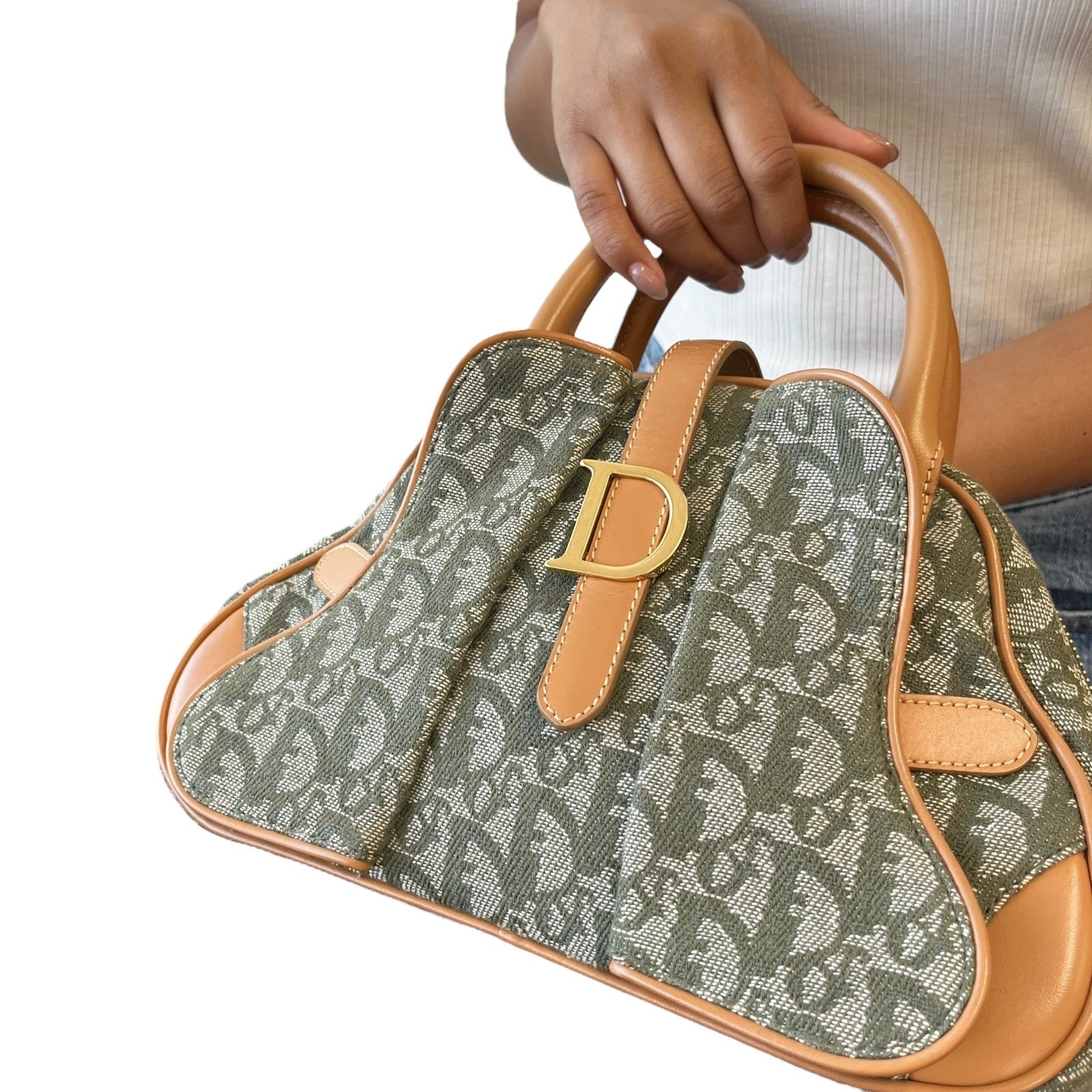 Christian Dior Vintage 2001 Logo Trotter Double Saddle Bag Green Beige Cotton