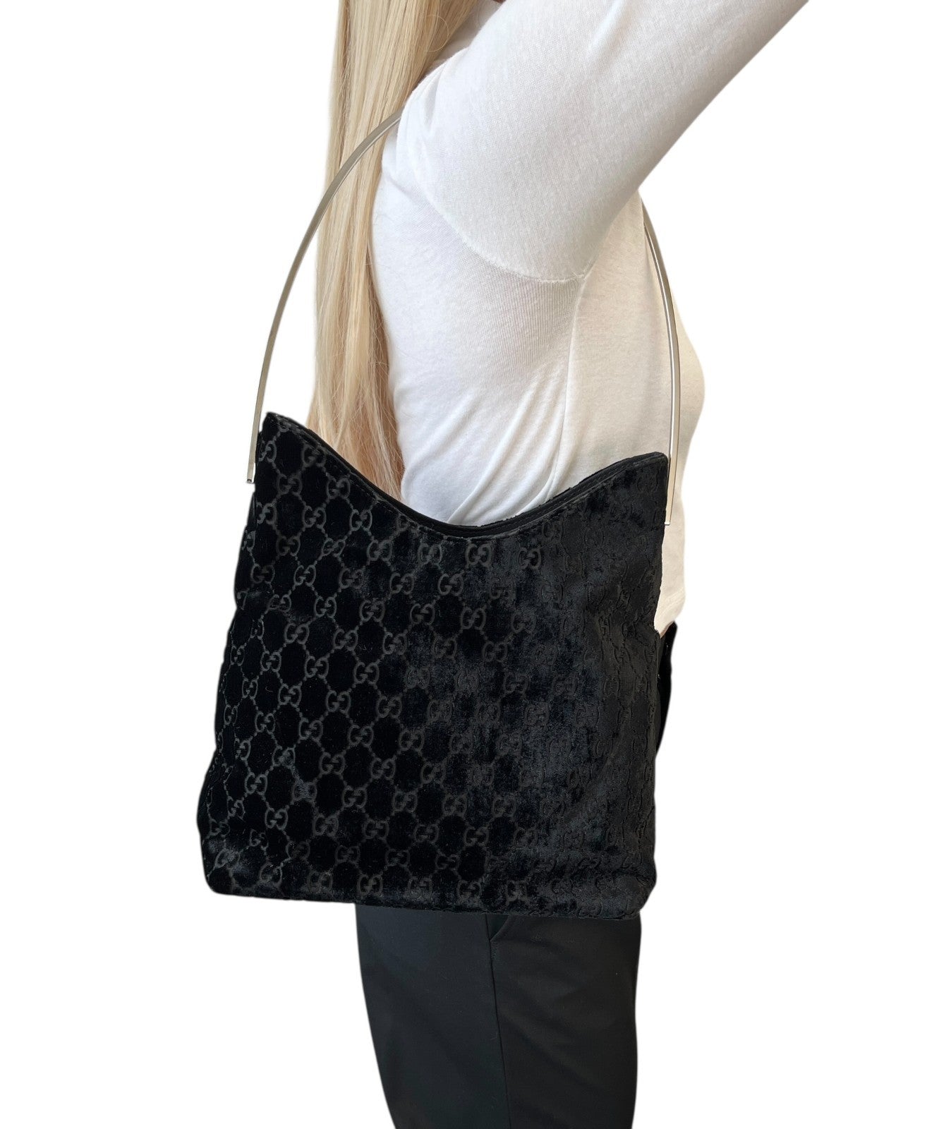 GUCCI Vintage GG Monogram Logo Velour Shoulder Bag Black Silver Handle 902088