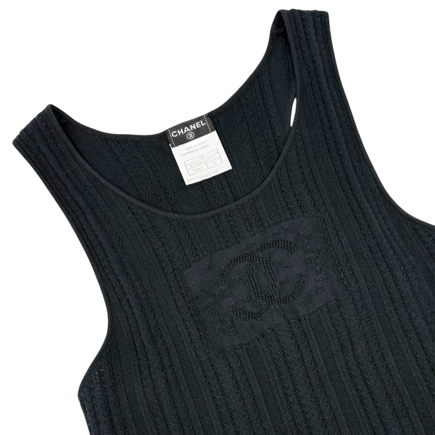 CHANEL Vintage 01P CC Logo Mesh Rib Knit Tank Top #38 Black Cotton 902425