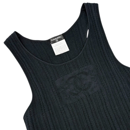 CHANEL Vintage 01P CC Logo Mesh Rib Knit Tank Top #38 Black Cotton 902425
