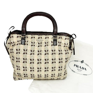 PRADA Vintage Logo Tweed Mini Embroidered Bag Cream Brown Wool Rank AB