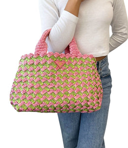 PRADA Vintage Logo Raffia Mini Tote Bag Pink Green Polyethylene Snap Button