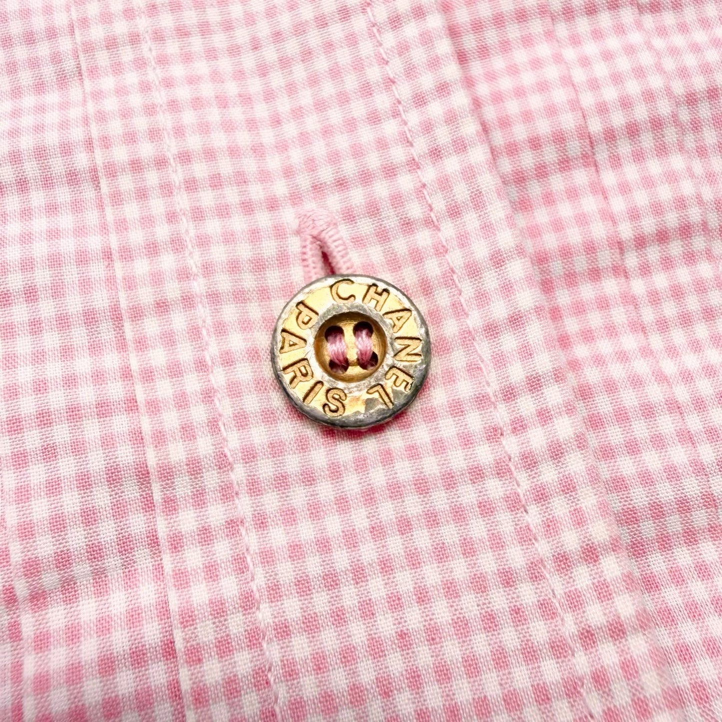 CHANEL Vintage CC Logo Gingham Check Button Up Shirt Top Pink  Cotton 901849