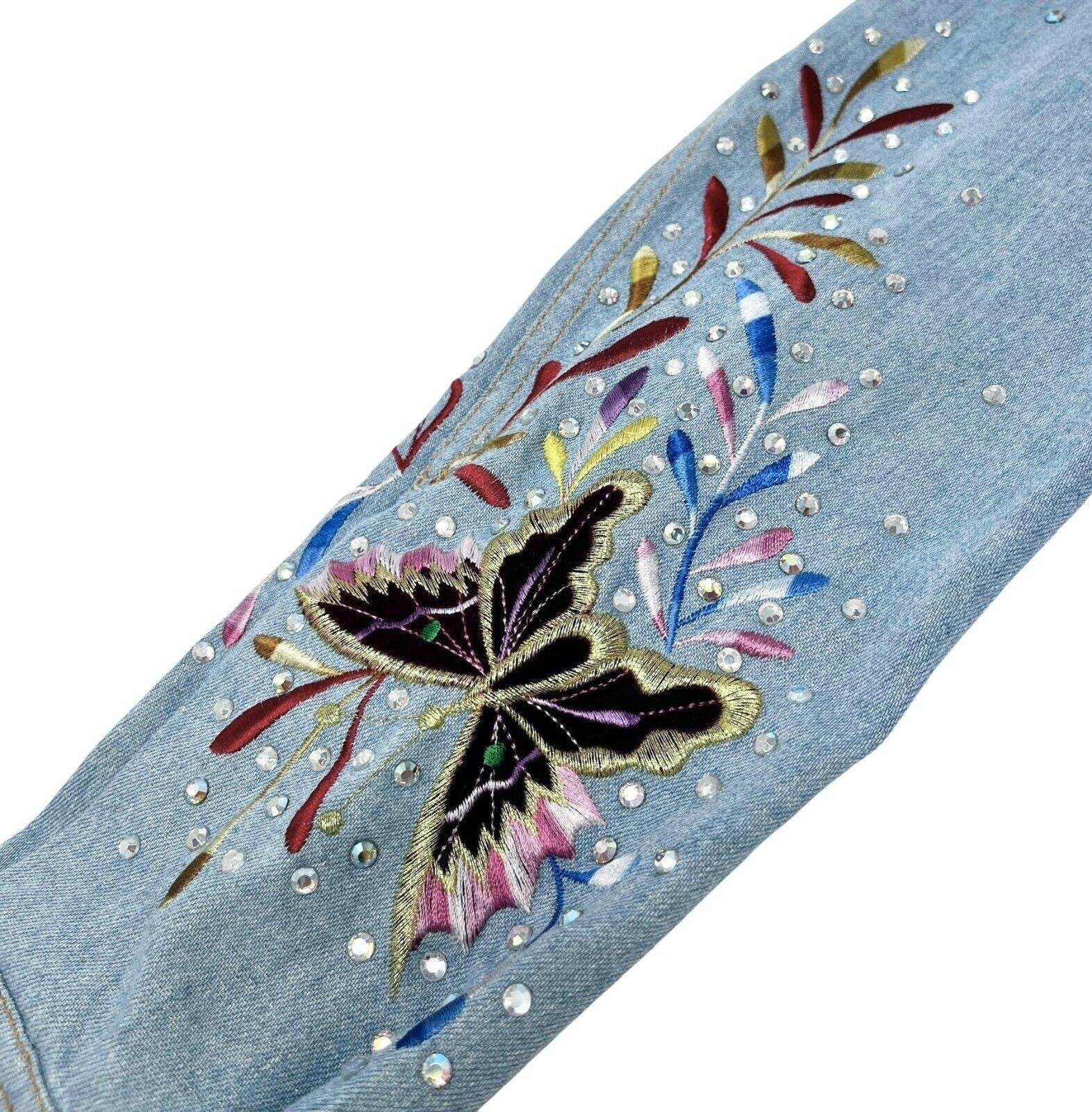 Christian Dior Vintage 2002 Denim Jacket #38 Embroidery Rhinestone Glitter Blue