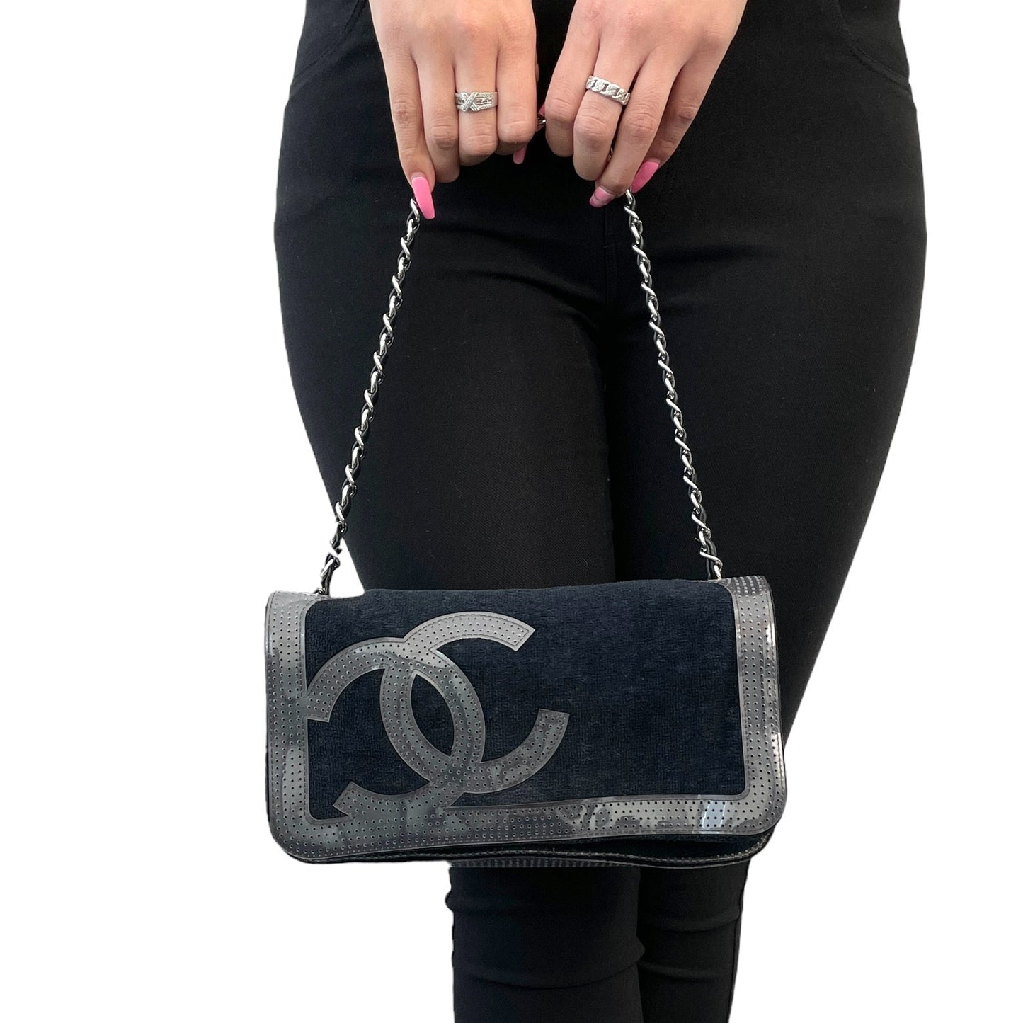 CHANEL Sport Vintage CC Logo Terry Cloth Shoulder Bag Pochette Black Silver