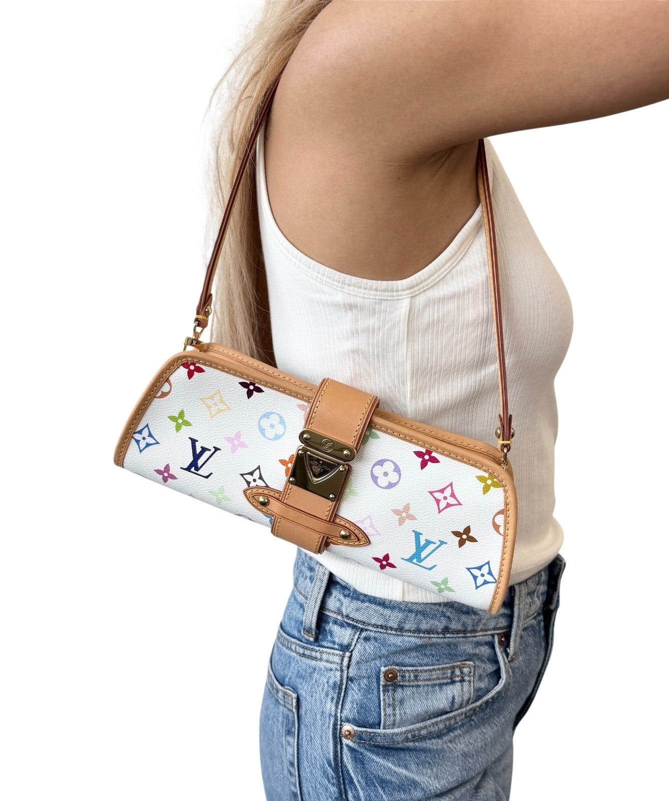 LOUIS VUITTON Vintage Monogram Multicolor Shirley Shoulder Bag White Leather