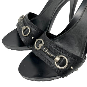 Christian Dior Vintage Logo Sandals Heels Mules #37.5-38 Black Silver Plastic
