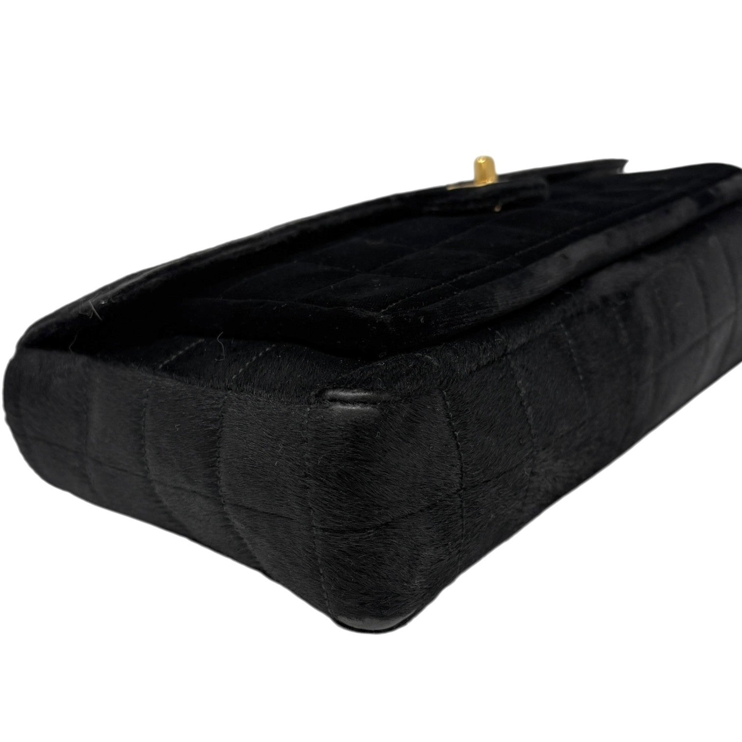 CHANEL Vintage CC Chocolate Bar Flap Pony Calf Hair Shoulder Bag Black Gold