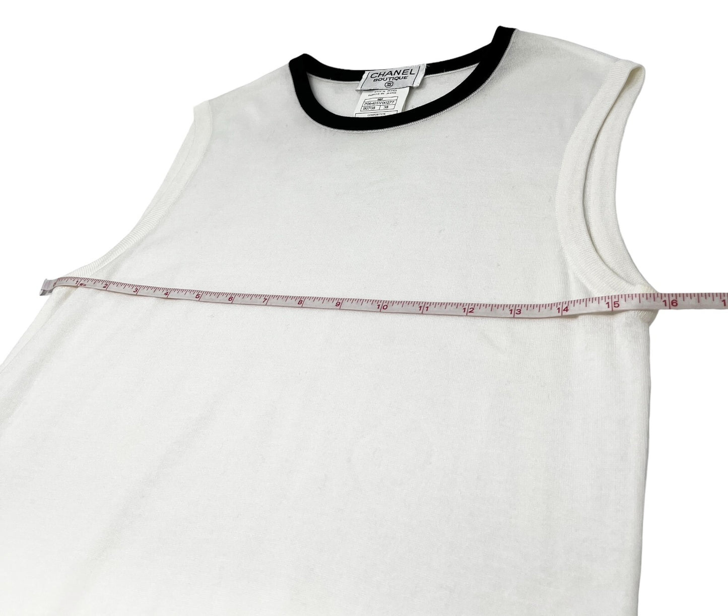CHANEL 96P CC Logo Summer Knit Tank Top #38 Pullover Cotton White Black RankAB