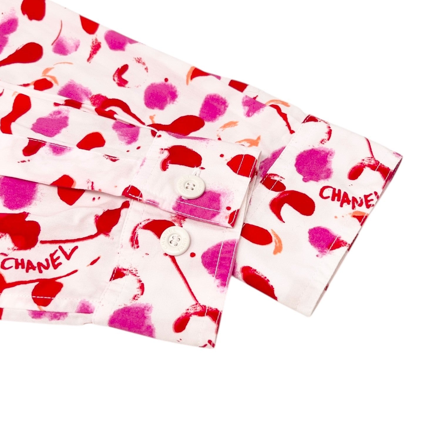 CHANEL Vintage PO6048 CC Logo Button Up Shirt Blouse Top #38 White Pink Cotton