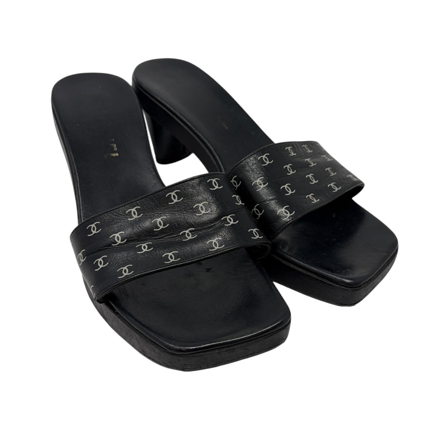 CHANEL Vintage CC Logo Open Toe Sandals Mule Heels #36 Black White Leather