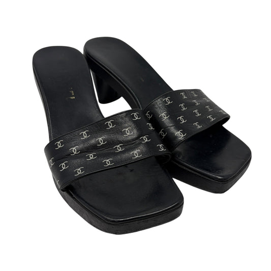 CHANEL Vintage CC Logo Open Toe Sandals Mule Heels #36 Black White Leather