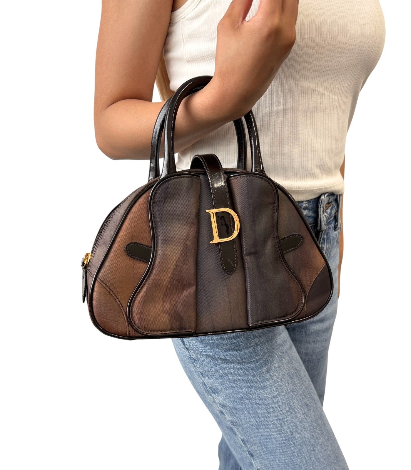 Christian Dior Vintage Double Saddle Bag Geometric Brown Nylon Patent 902265