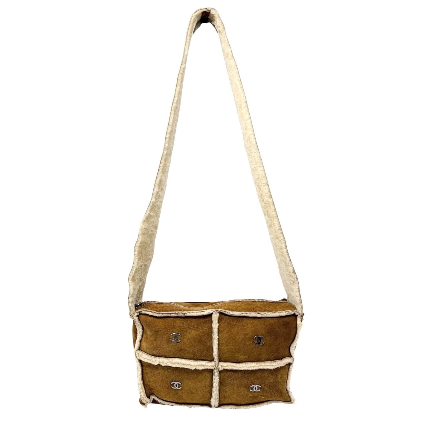 CHANEL Vintage CC Logo Shearling Crossbody Bag Brown Cream Mouton Suede Boa