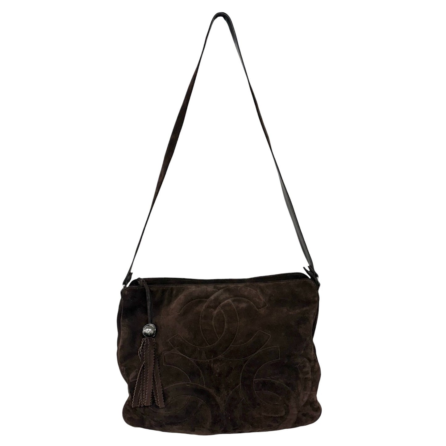 CHANEL Vintage Triple CC Logo Fringe Suede Shoulder Bag Brown Silver 902397
