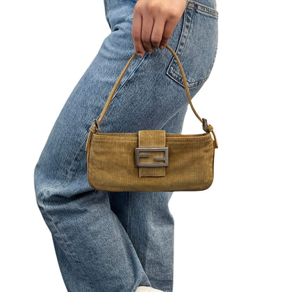 FENDI Vintage FF Logo Corduroy Mamma Baguette Shoulder Mini Bag Light Brown Zip