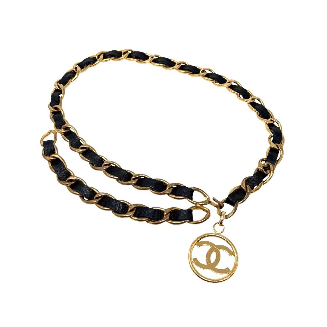 CHANEL Vintage CC Mark Logo Chain Belt Accessory Gold Black Leather Metal 902003