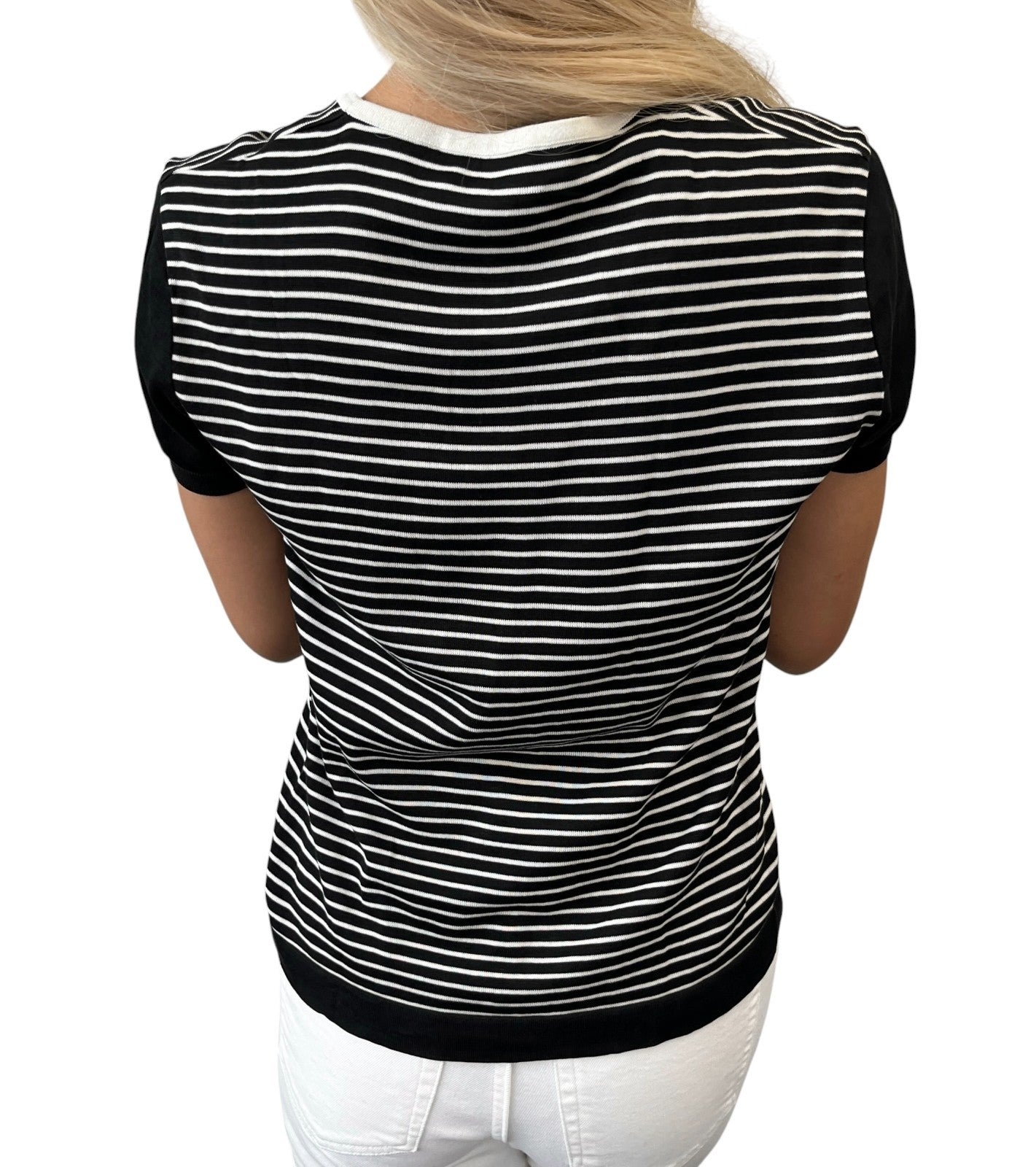 CHANEL Vintage CC Mark Logo Stripe T-shirt Top #40 Black White Cotton 106910