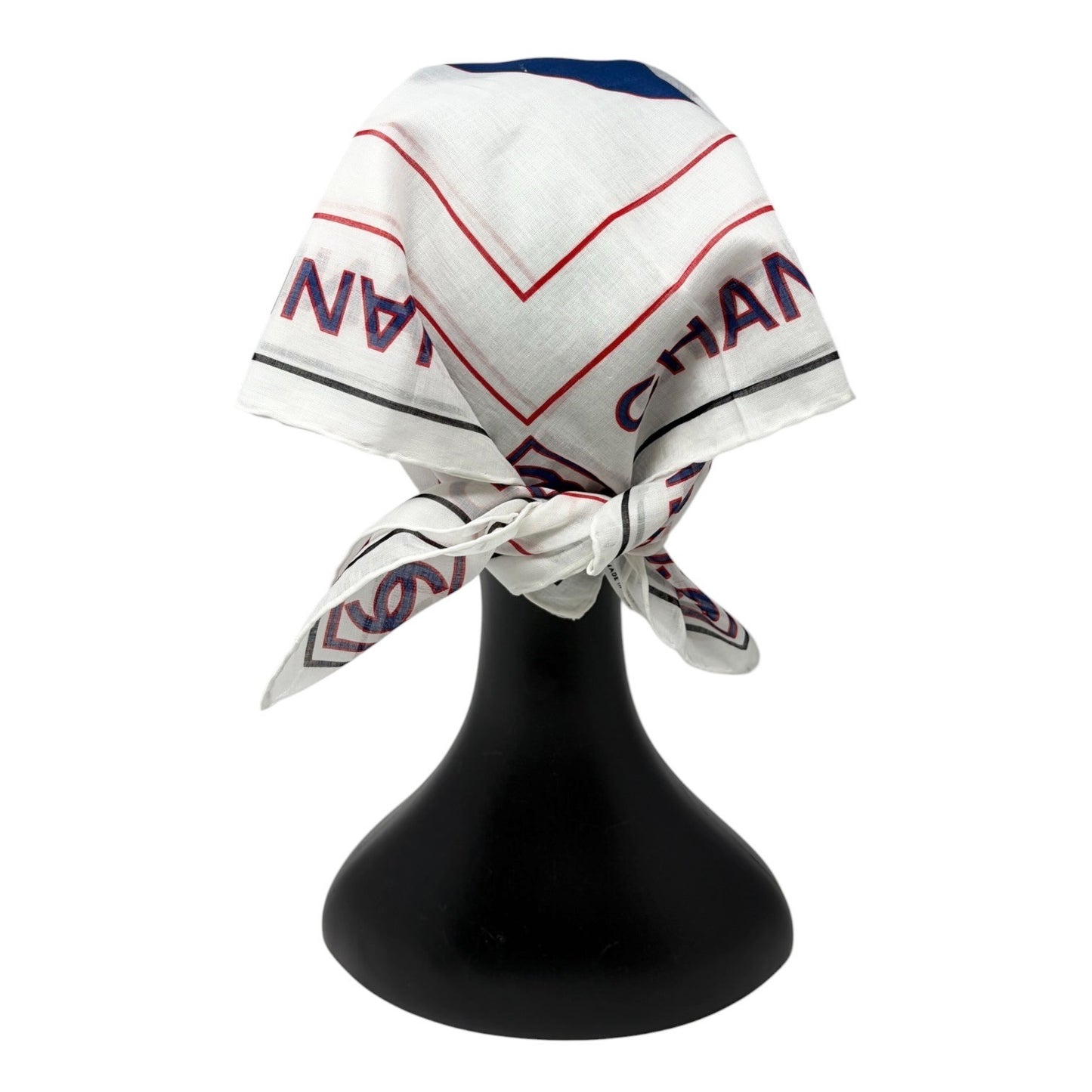 CHANEL Vintage Big CC Logo Scarf Wrap Headscarf White Blue Cotton 902009
