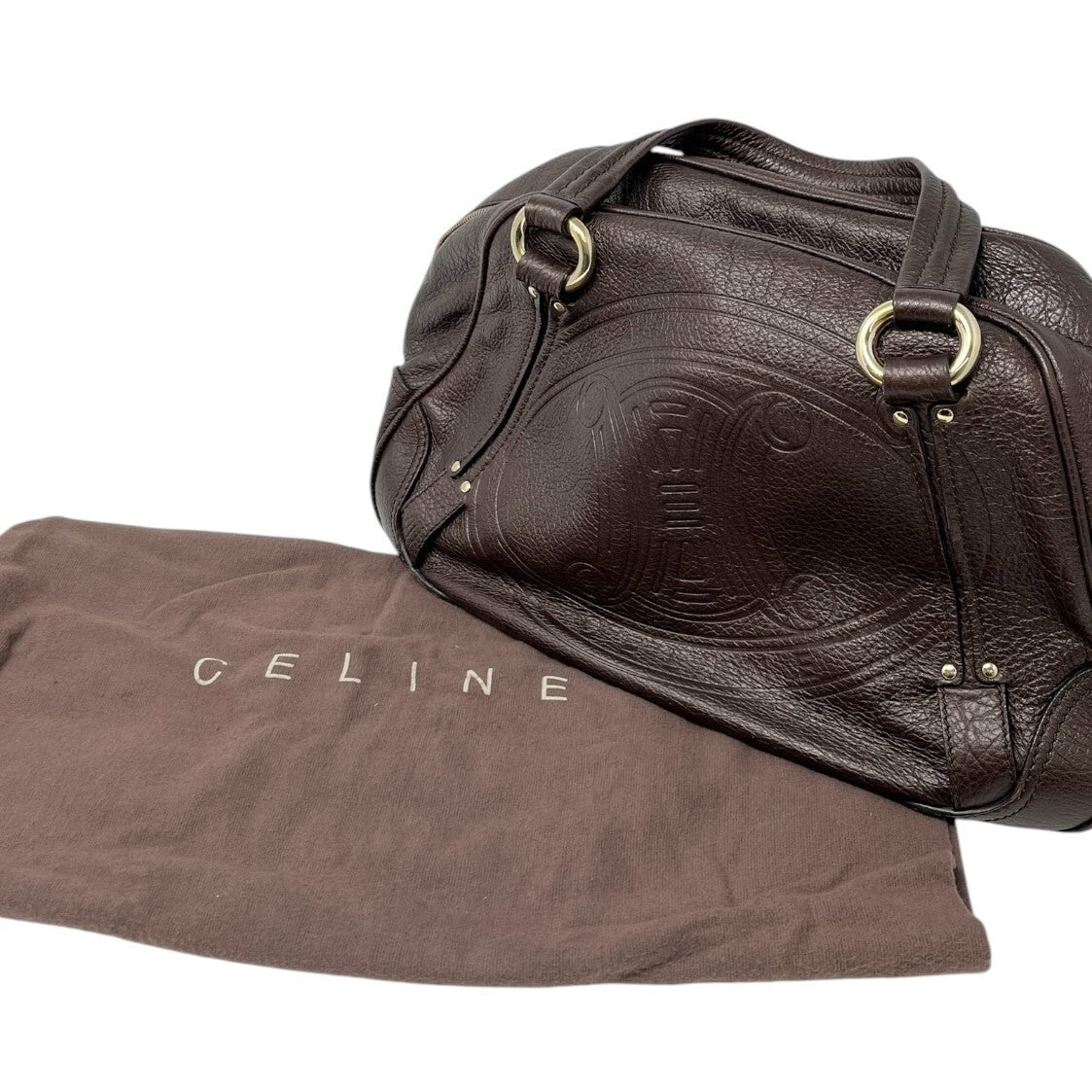 CELINE Vintage Macadam Big Logo Tote Bag Brown Gold Leather Nylon Zip