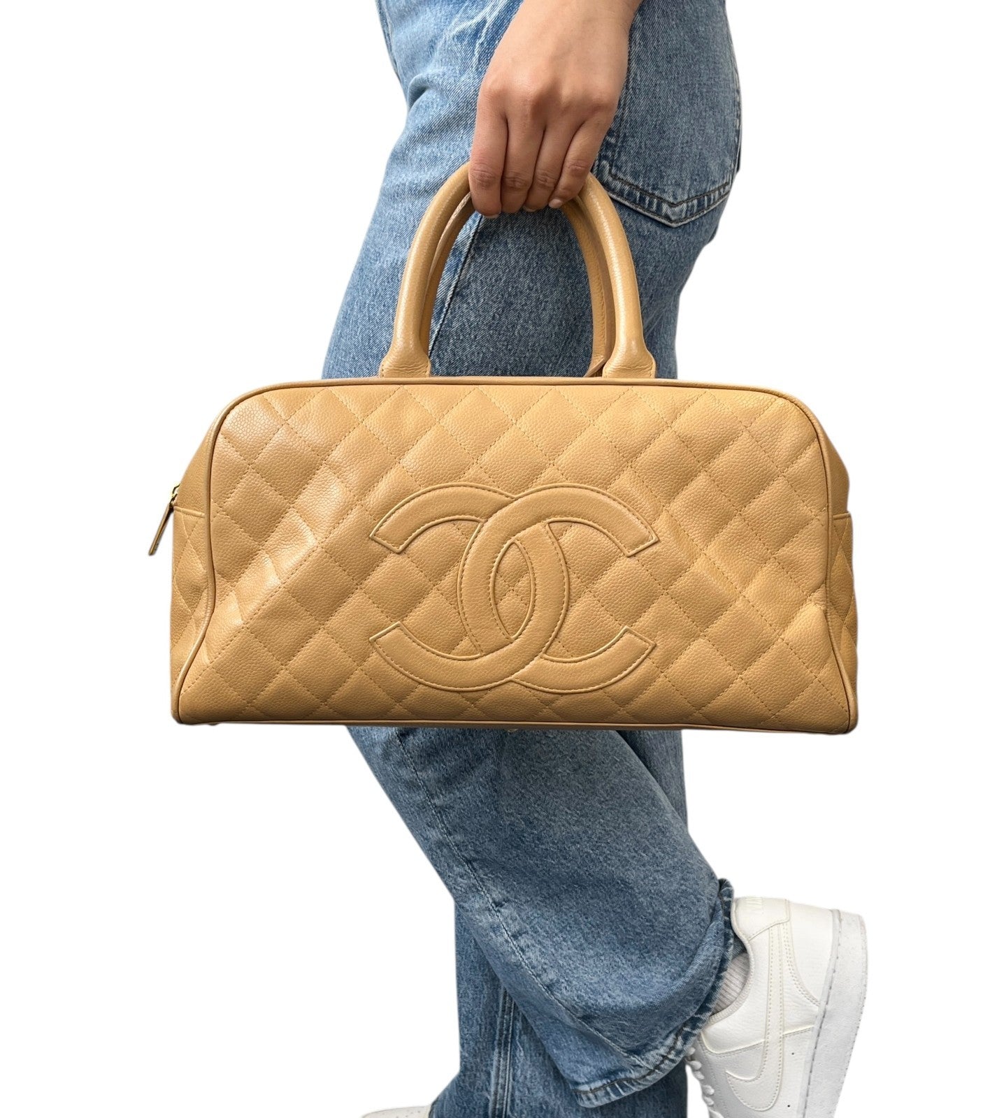 CHANEL Vintage Big CC Logo Quilted Leather Boston Bowling Bag Beige Gold Stitch